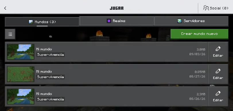 Pantalla Jugar con la pestaña Mundos