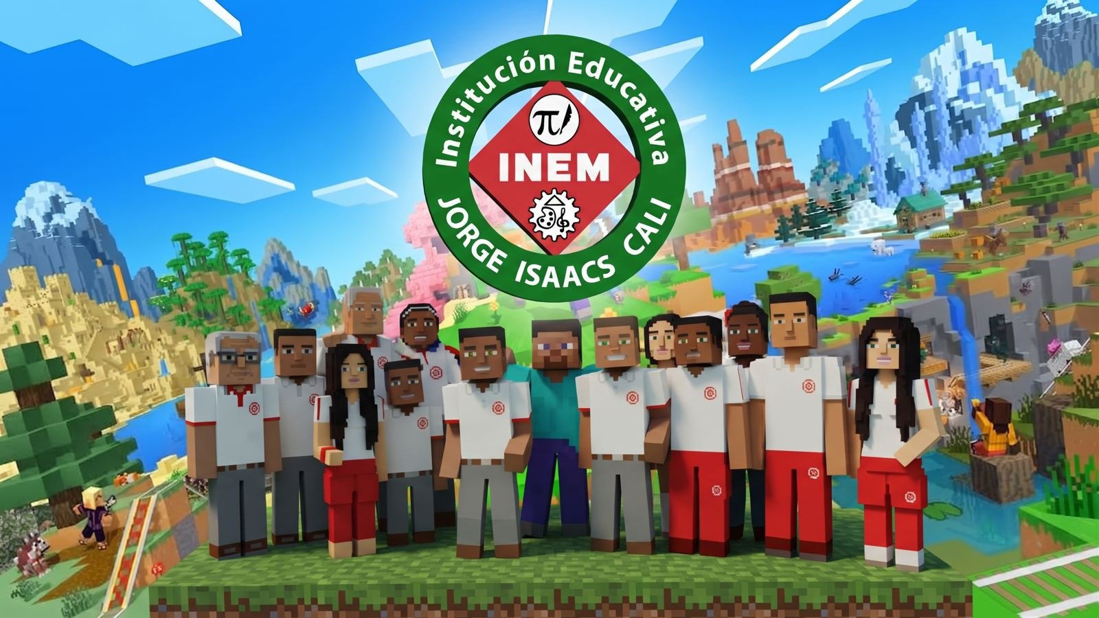 Comunidad INEM Jorge Isaacs en versión Minecraft con el escudo del colegio