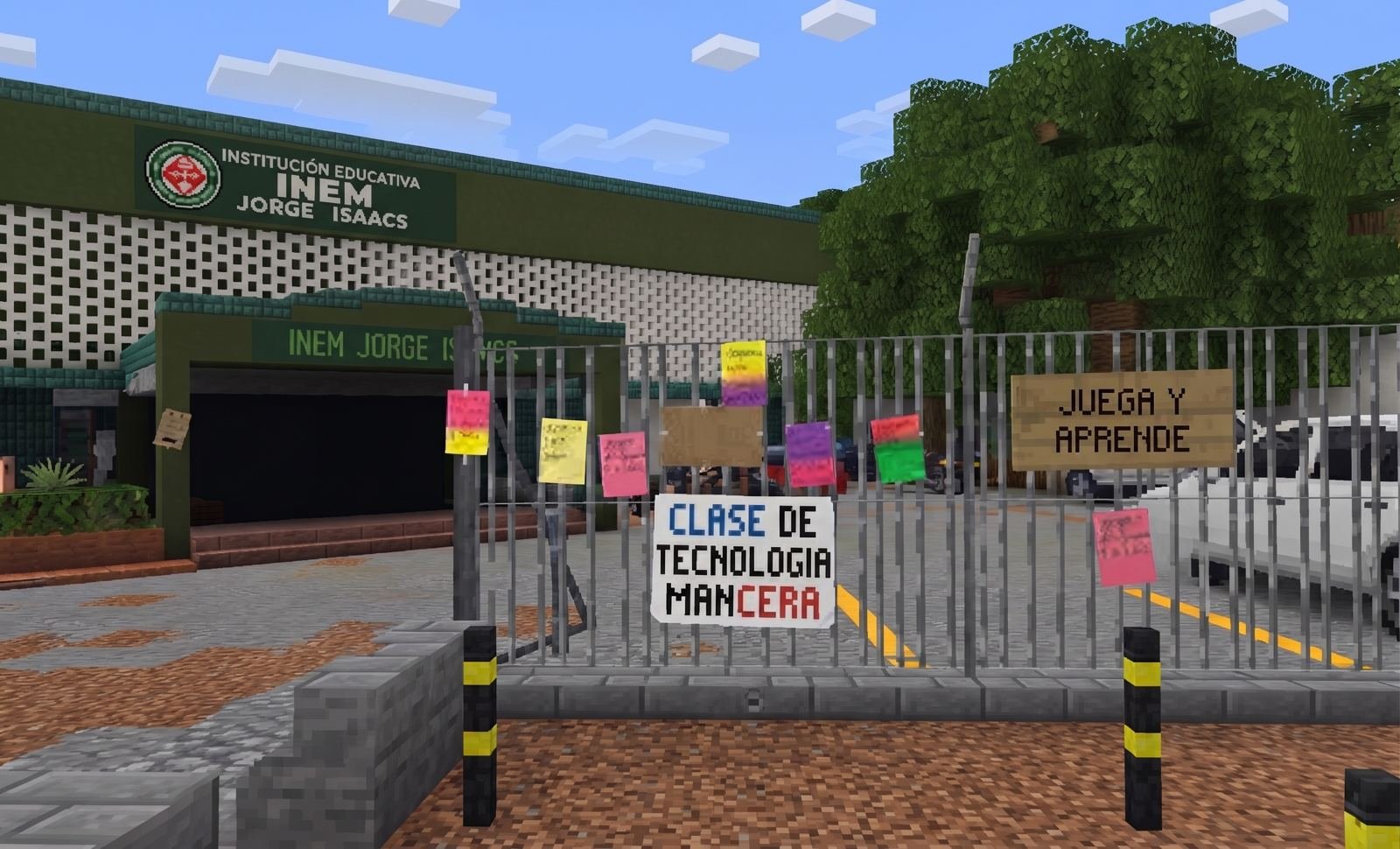 Entrada del INEM Jorge Isaacs construida en Minecraft