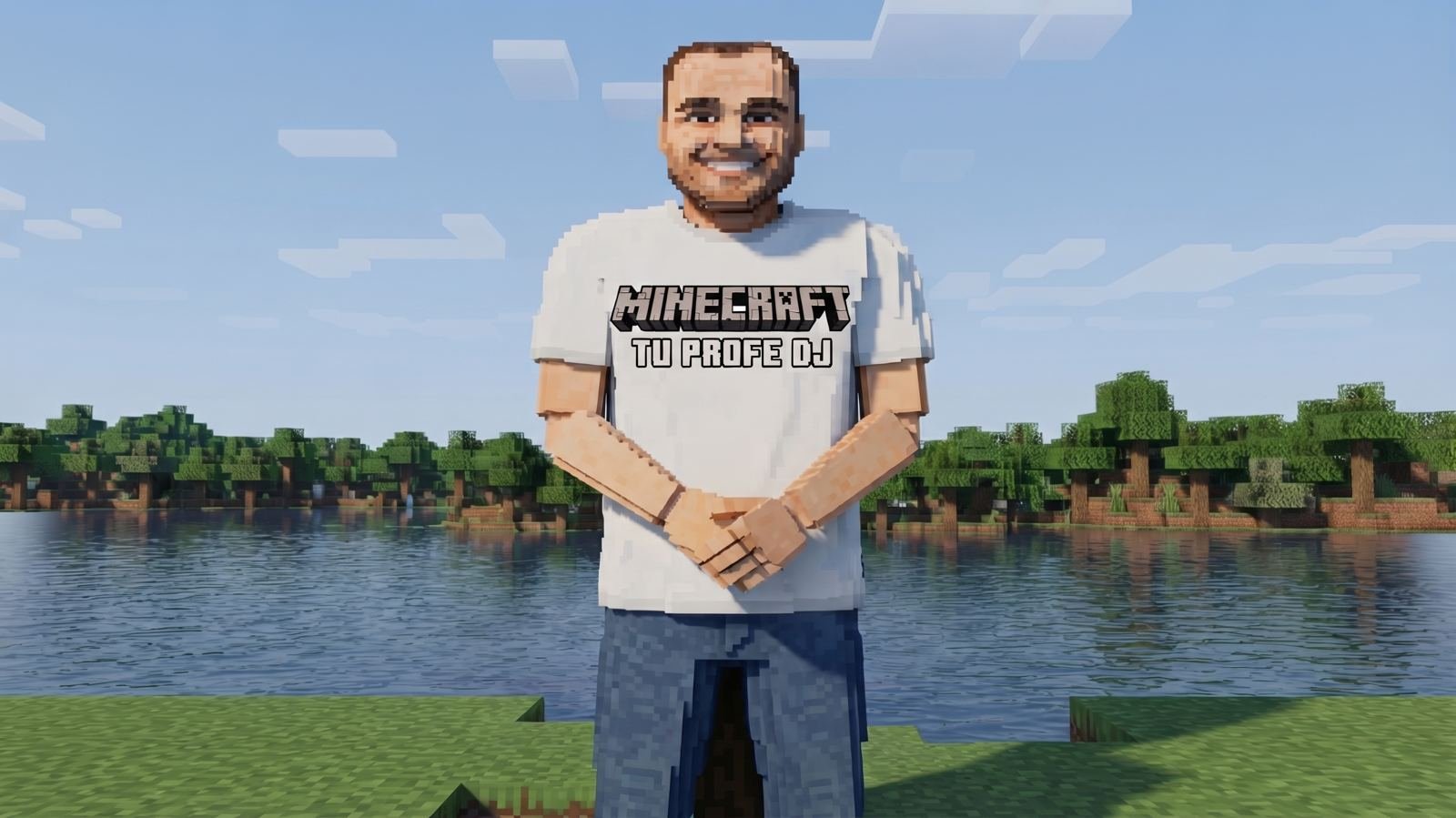 Tu Profe DJ en versión Minecraft frente a un lago