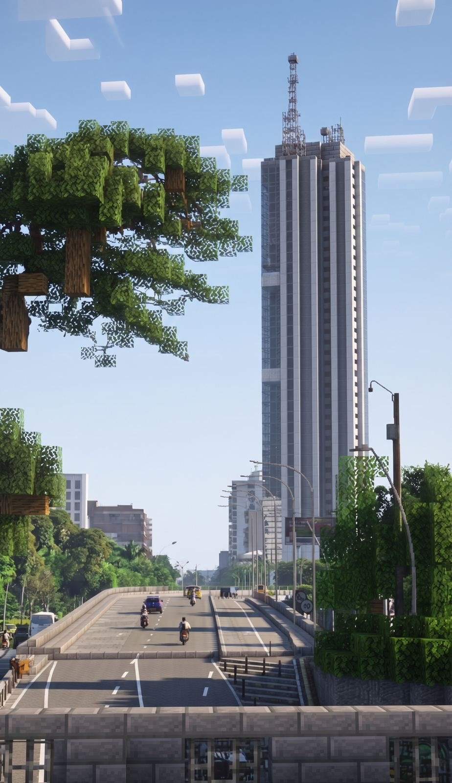 Torre de Cali y un puente vehicular en Minecraft